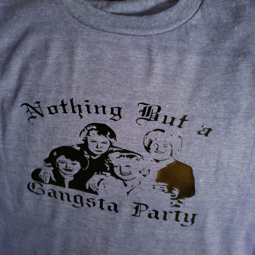 Gangster party. Purple. Small. Lightweight cotton tshirt. Golden Girls